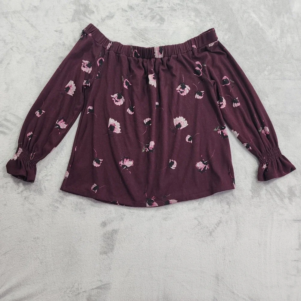 NEW Maurices Top Womens XL Purple Floral Off Shoulder Long Sleeve Peasant Casual
